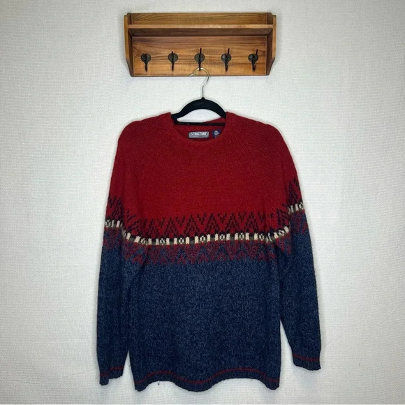 90s Structure Sweater‎ Mens Small Pullover Ski 100% Wool Geometic Design Baggy - Picture 1 of 6